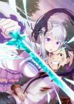  1boy 1girl artist_name braid commentary_request crown_braid elf emilia_(re:zero) flower gem green_gem hair_flower hair_ornament hair_ribbon highres natsuki_subaru pointy_ears purple_eyes purple_ribbon re:zero_kara_hajimeru_isekai_seikatsu ribbon rose signature smile twitter_username white_flower white_rose x_hair_ornament zr_sio_4 