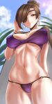  1girl absurdres bikini breasts brown_hair cape cleavage counter_side covered_nipples earrings eyepatch hair_bun highres jazz_jack jewelry lee_soo-yeon looking_at_viewer navel purple_bikini red_eyes smile solo swimsuit 