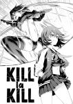  1girl breasts commentary_request copyright_name crop_top garter_straps greyscale hands_in_pockets highres holding holding_weapon izumida_fuyuki kill_la_kill matoi_ryuuko medium_breasts medium_hair midriff miniskirt monochrome multicolored_hair navel open_mouth pleated_skirt revealing_clothes school_uniform scissor_blade_(kill_la_kill) senketsu serafuku skirt smile streaked_hair suspenders thighhighs two-tone_hair underboob weapon 