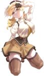  1girl absurdres beret blonde_hair breasts brown_thighhighs commentary_request corset drill_hair fingerless_gloves gloves hair_ornament hat highres kneeling large_breasts looking_at_viewer magical_girl mahou_shoujo_madoka_magica mahou_shoujo_madoka_magica:_walpurgis_no_kaiten parted_lips puffy_sleeves satom simple_background skirt solo striped_clothes striped_thighhighs thighhighs tomoe_mami tomoe_mami_(magical_girl) twin_drills twintails white_background yellow_eyes 