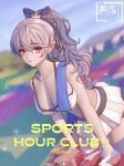  1girl absurdres bare_arms bare_shoulders blush bow breasts cheerleader cleavage collarbone english_text female_corrin_(cheer_power)_(fire_emblem) female_corrin_(fire_emblem) fire_emblem fire_emblem_fates fire_emblem_heroes grey_hair hair_between_eyes hair_bow highres holding holding_pom_poms irisli0224 large_breasts leaning_forward long_hair midriff official_alternate_costume official_alternate_hairstyle outdoors parted_lips pointy_ears pom_pom_(cheerleading) ponytail red_eyes running_track shirt skirt sky smile sports_bra stomach thighs white_shirt white_skirt white_sports_bra 