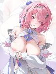  1girl areola_slip armpit_crease ascot bare_shoulders blush breasts cleavage collarbone detached_sleeves dress grey_ribbon hair_intakes hair_ornament hair_ribbon head_tilt highres large_breasts long_sleeves looking_at_viewer medium_hair mole mole_on_breast pink_eyes pink_hair pink_lips purple_ascot purple_ribbon remielle_dan ribbon solo tassel white_dress white_ribbon white_sleeves zenless_zone_zero zhudouzi zoom_layer 