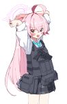  1girl :d absurdres ahoge arms_behind_head beretta_92 black_skirt blue_archive blue_eyes blue_necktie blush bulletproof_vest commentary_request cowboy_shot fib._(fibfibdot) gun hair_between_eyes hair_intakes halo handgun heterochromia highres hoshino_(armed)_(blue_archive) hoshino_(blue_archive) long_hair long_sleeves looking_at_viewer miniskirt necktie open_mouth pink_hair pink_halo plaid_clothes plaid_skirt pleated_skirt ponytail shirt simple_background skirt smile solo very_long_hair weapon white_background white_shirt yellow_eyes 