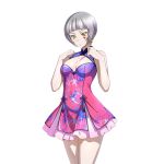  1girl blunt_bangs bob_cut breasts breasts_apart chinese_clothes cleavage_cutout closed_mouth clothing_cutout cowboy_shot cross cross_facial_mark dress earrings facial_mark floral_print floral_print_dress game_asset green_eyes grey_hair hands_up ikkitousen ikkitousen_extra_burst jewelry koshaji_(ikkitousen) magatama magatama_earrings marking_on_cheek medium_breasts non-web_source official_art pink_dress pink_skirt print_dress qipao self-datamine short_hair simple_background skirt sleeveless sleeveless_dress slit_pupils solo transparent_background variant_set 
