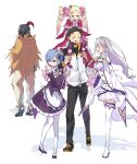  2boys 3girls :i absurdres aldebaran_(re:zero) anger_vein bare_shoulders beatrice_(re:zero) blonde_hair blue_eyes blue_hair breasts carrying cleavage closed_eyes commentary drill_hair emilia_(re:zero) grey_hair helm helmet highres jacket long_hair looking_at_another multiple_boys multiple_girls natsuki_subaru pants piggyback pink_shoes pointy_ears pout re:zero_kara_hajimeru_isekai_seikatsu rem_(re:zero) roswaal_mansion_maid_uniform shimashima_shima shoes track_jacket track_pants twin_drills 