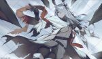  1girl animal_ear_fluff animal_ears arknights armband black_gloves black_thighhighs commentary commission cowboy_shot dress ear_ornament frostnova_(arknights) gloves grey_dress grey_eyes grey_hair hair_ornament hair_over_one_eye hairclip highres jacket jewelry long_hair nero_vously one_eye_covered open_clothes open_jacket orange_ribbon rabbit_ears rabbit_girl reunion_logo_(arknights) ribbon ring scar scar_on_face scar_on_nose solo thighhighs white_jacket 