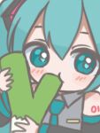  1girl bare_shoulders blush_stickers chibi chibi_only closed_mouth collared_shirt commentary_request detached_sleeves double-parted_bangs eating food green_eyes green_hair green_necktie grey_shirt hair_between_eyes hatsune_miku holding holding_food holding_spring_onion holding_vegetable long_hair necktie shirt sleeveless sleeveless_shirt solo spring_onion tina_muchimu upper_body vegetable vocaloid 