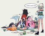  4girls animal_ears book cecilia_immergreen cecilia_immergreen_(1st_costume) commentary crack cracked_floor cushion damaged doll_joints elizabeth_rose_bloodflame english_commentary english_text fongban_illust gigi_murin gigi_murin_(1st_costume) green_hair grey_hair hat highres hole_in_wall hololive hololive_english in_trouble_template_(meme) joints kneeling long_hair meme multicolored_hair multiple_girls otomo_(cecilia_immergreen) panther_ears panther_girl panther_tail pink_hair raora_panthera raora_panthera_(1st_costume) red_hair seiza short_hair sitting squiggle streaked_hair tail thighhighs through_ground two-tone_hair virtual_youtuber winding_key zabuton 