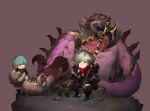  2boys ahoge animal aqua_hair armor boots breastplate brown_background brown_boots brown_capelet bucket capelet commentary_request fantasy full_armor full_body gauntlets green_hair grey_shirt halberd highres holding holding_bucket horns jun_(navigavi) knee_armor leg_armor looking_at_another looking_at_viewer monster multiple_boys on_rock open_mouth original polearm red_scarf scarf shirt short_hair shoulder_armor simple_background sitting standing tusks weapon 