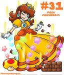  1girl brooch brown_hair commentary corrupted_twitter_file crown dress earrings english_commentary english_text flower_brooch flower_earrings frilled_gloves frills giant giantess gloves gold_crown gown highres jewelry keidontlie long_dress mario_(series) mega_mushroom nakaue_shigehisa_(style) one_eye_closed pointed_crown princess princess_daisy puffy_sleeves short_sleeves simple_background solo star_(symbol) white_background white_gloves yellow_dress 