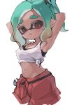  1girl anchor_hair_ornament aqua_hair armpits arms_behind_head arms_up artist_name blush breasts brown_hair chanryi cleavage commentary cowboy_shot cropped_legs dark-skinned_female dark_skin freckles gradient_hair hair_ornament highres inkling jumpsuit jumpsuit_around_waist large_breasts looking_at_viewer mechanic_(splatoon_raiders) multicolored_hair navel open_mouth orange_jumpsuit pointy_ears red_eyes shirt short_eyebrows signature simple_background solo splatoon_(series) splatoon_raiders stomach sweat thick_eyebrows tied_shirt untranslatable_commentary white_background wrench 