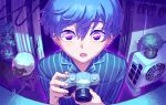  1boy animal blue_hair blue_shirt camera collared_shirt commentary_request cool_colors eye_reflection fisheye hair_between_eyes highres holding holding_camera ito_yoshi long_sleeves looking_at_viewer male_focus night open_mouth original outdoors plant potted_plant purple_eyes reflection sheep shirt shooting_star short_hair signature sliding_doors stool striped_clothes striped_shirt upper_body vertical-striped_clothes vertical-striped_shirt very_short_hair 