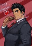  1boy absurdres balo_dqx_ff14 bara black_hair black_suit brown_eyes candy chocolate closed_mouth dark-skinned_male dark_skin dress_shirt earrings english_commentary facial_hair food formal_clothes goatee_stubble happy_valentine heart heart-shaped_chocolate heart-shaped_food highres holding holding_chocolate holding_food jewelry long_sleeves looking_at_viewer male_focus muscular muscular_male necktie original red_background red_necktie shirt short_hair signature smile solo stubble stud_earrings suit thick_eyebrows upper_body white_shirt 
