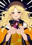  1girl 2girls :d black_background black_cape black_hat blonde_hair blush bow brown_eyes cape commentary_request detached_sleeves emphasis_lines hands_up hat hat_bow highres holding holding_mini_person iyo_mamoru long_hair matara_okina mini_person minigirl multiple_girls narrowed_eyes open_mouth orange_sleeves orange_tabard plaid_bow plaid_clothes plaid_skirt plaid_vest purple_skirt purple_vest red_hair runes shirt skirt smile solo sweatdrop tabard touhou two-sided_cape two-sided_fabric usami_sumireko vest white_bow white_shirt 