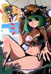  1girl adjusting_eyewear alternate_costume asymmetrical_hair bikini black_bikini blowing_whistle blue_hat breasts cleavage commentary_request eyewear_on_head frilled_hat frills green_hair grin hair_between_eyes hand_on_eyewear hand_on_own_hip hat highres iganashi1 large_breasts looking_at_viewer multicolored_bikini multiple_views navel notice_lines outdoors reaching reaching_towards_viewer shiki_eiki sitting smile stomach sunglasses swimsuit thighs touhou two-tone_bikini whistle whistle_around_neck white_bikini 