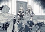  2girls 3boys ahoge albedo_(genshin_impact) arm_up armor backpack bag birthmark blowing_bubble_gum bow buttons cape chair chewing_gum child closed_eyes closed_mouth collared_jacket collared_shirt commentary_request covered_mouth cowboy_shot crossed_arms dodoco_(genshin_impact) door dress earrings expressionless fingernails from_behind fur-trimmed_jacket fur_trim gem genshin_impact gloves greyscale hair_between_eyes hand_on_own_head hand_on_own_hip hat hat_feather hat_ornament high_collar highres hood hooded_dress hoodie indoors jacket jean_(genshin_impact) jewelry kemono_j klee_(genshin_impact) lapels lohen_(genshin_impact) long_hair long_sleeves looking_at_another low_twintails monochrome multiple_boys multiple_girls on_chair open_clothes open_hoodie open_jacket pants partially_fingerless_gloves peaked_cap pendant pointy_ears puffy_long_sleeves puffy_sleeves shirt short_hair short_sleeves shoulder_armor sidelocks single_earring sitting sleeping standing sweatdrop table thigh_strap twintails two-sided_fabric two-sided_jacket unworn_hat unworn_headwear v-shaped_eyebrows varka_(genshin_impact) vision_(genshin_impact) wavy_hair wooden_floor 