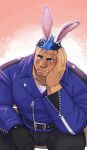  1boy animal_ears bara beard_stubble black_gloves black_pants blue_eyes blue_hair blue_jacket blush bulge closed_mouth commentary_request cross_scar denim ei_(marutendon) embarrassed facial_hair fake_animal_ears gloves hand_hair head_rest highres jacket jeans large_hands leather leather_jacket live_a_hero looking_at_viewer male_focus mature_male muscular muscular_male pants rabbit_ears scar scar_on_cheek scar_on_face short_hair shy single_glove single_tusk sitting solo sparse_arm_hair squatting stubble thick_eyebrows tusks undercut yoshiori_(live_a_hero) 