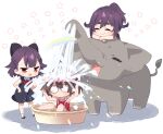  3girls bare_legs barefoot bathing black_bow black_dress black_shoes bow bowtie brown_hair chibi chibi_only closed_eyes commentary_request deformed dress elephant francois_(grow_up_show) grow_up_show:_himawari_no_circus-dan hair_bow looking_at_another multiple_girls no_feet no_mouth no_toes one-piece_swimsuit purple_hair rainbow red_bow red_bowtie red_eyes red_one-piece_swimsuit shoes shower_cap showering smile socks spraying star_(symbol) swimsuit takamura_masaya tsurumaki_mizuka white_background white_socks yura_akane yura_aoi 