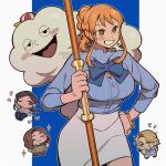 1boy 3girls absurdres apron bangle black_hair blonde_hair blue_bow blue_bowtie blue_shirt blush blush_stickers bow bowtie bracelet braid breasts brown_eyes brown_hair clima-tact cloud commentary_request cowboy_shot earrings gold_bangle grin hair_up half_up_braid hand_on_own_hip highres holding holding_staff jacket jewelry kageimo large_breasts lebno_listchaque long_hair looking_at_viewer medium_hair miucha_(one_piece) multiple_girls nami_(one_piece) nico_robin official_alternate_costume official_alternate_hairstyle one_piece one_piece_heroines pencil_skirt petals pink_petals police police_uniform policewoman shirt sidelocks skirt smile sparkle staff suit_jacket twitter_username white_skirt zeus_(one_piece) 