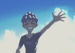  1boy arm_up bangs black_shirt closed_eyes cloud collarbone commentary_request dark-skinned_male dark_skin day grin highres hop_(pokemon) komame_(st_beans) male_focus outdoors pokemon pokemon_(game) pokemon_swsh purple_hair shirt short_hair short_sleeves sky smile solo spread_fingers teeth 