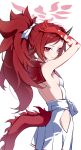  1girl absurdres backless_dress backless_outfit blue_archive closed_mouth cowboy_shot dragon_tail dress from_side halo high_ponytail highres horns long_hair looking_at_viewer looking_back ponytail red_eyes red_hair red_halo red_sailor_collar red_tail renge_(blue_archive) sailor_collar shanqianqian_377 simple_background single_horn skirt solo tail white_background white_dress white_skirt 