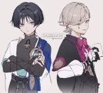  2boys :p absurdres aisumikannn3 artist_name asymmetrical_bangs belt bishounen black_belt black_bodysuit black_bow black_bridal_gauntlets black_cape black_gloves black_hair black_shorts blue_cape blue_gem blue_kimono blue_sleeves blunt_ends bodysuit bow bowtie bridal_gauntlets cape card closed_mouth commentary_request covered_collarbone crossed_arms facial_mark feathers furisode gem genshin_impact gloves gold hand_on_own_arm highres holding holding_card japanese_clothes juban kimono layered_sleeves long_sleeves looking_at_viewer lyney_(genshin_impact) mandarin_collar multiple_boys one_eye_closed open_clothes open_kimono pink_bow pink_bowtie pom_pom_(clothes) purple_eyes purple_pupils purple_sash ringed_eyes sash scaramouche_(genshin_impact) shirt short_sleeves shorts shoulder_peek side_cape teardrop_facial_mark tongue tongue_out tsurime twitter_username undershirt unfinished vision_(genshin_impact) wanderer_(genshin_impact) watermark white_background white_kimono white_shirt white_sleeves wispy_bangs yellow_feathers 