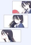  2girls absurdres amate_yuzuriha black_hair blush closed_eyes commentary_request embarrassed gundam gundam_gquuuuuux highres laughing long_hair looking_at_another looking_at_viewer looking_to_the_side multiple_girls nervous notice_lines nyaan_(gundam_gquuuuuux) ponyara_ta red_hair school_uniform smile yellow_eyes 