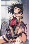  1girl animal_ears bare_shoulders belt black_hair black_one-piece_swimsuit blush breast_curtains breasts choker cleavage commentary_request detached_sleeves fishnet_sleeves fishnets grey_eyes halterneck highleg highleg_one-piece_swimsuit highres jane_doe_(nocturne_of_light)_(zenless_zone_zero) jane_doe_(zenless_zone_zero) knife large_breasts long_hair looking_at_viewer mouse_ears mouse_girl mouse_tail o-ring one-piece_swimsuit red_one-piece_swimsuit sarong seiru_(prairie) sitting solo swimsuit tail thighs two-tone_one-piece_swimsuit zenless_zone_zero 