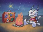 absurd_res animal_crossing anthro artoony barefoot bonfire clothing feet hi_res male nickelodeon night nintendo outside red_clothing red_eyes red_shirt red_topwear rocko's_modern_life rockosedits rover_(animal_crossing) shirt signature smile solo suitcase topwear