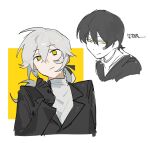  1boy black_gloves black_hair black_jacket black_ribbon ch1h4ru3 charles_eyler chinese_text commentary doodle_inset floating_hair gloves hair_between_eyes hair_ribbon hello_charlotte highres jacket lapels long_hair long_sleeves looking_to_the_side low_ponytail multiple_forms notched_lapels ponytail portrait ribbon shirt short_hair smile smug solo turtleneck turtleneck_shirt white_background white_hair white_shirt yellow_eyes 