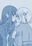  2girls blue_theme blush bob_cut commentary_request dress eye_contact hair_ribbon hand_on_own_knee highres imminent_kiss inoue_takina knee_up kneehighs long_hair long_sleeves looking_at_another lycoris_recoil lycoris_uniform monochrome multiple_girls neck_ribbon nishikigi_chisato one_side_up open_mouth ribbon short_hair sitting socks straight_hair tottoto_tomekichi yuri 