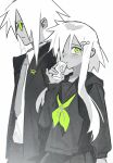 1boy 1girl can collared_shirt commentary_request dark-skinned_female dark-skinned_male dark_skin drink_can false_memory green_eyes green_neckerchief greyscale highres holding holding_can long_sleeves looking_at_viewer looking_to_the_side monochrome neckerchief necktie ran_deng_(false_memory) round_eyewear school_uniform serafuku shirt simple_background spot_color suoland08042 white_background white_shirt xiaoyi_(false_memory) 