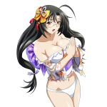  1girl ahoge armpit_crease back_bow bare_shoulders black_hair blush bow breasts chinese_knot cleavage collarbone cowboy_shot dutch_angle embarrassed floral_print floral_print_kimono game_asset glasses hair_bow hands_up ikkitousen ikkitousen_extra_burst japanese_clothes kaku_bunwa_(ikkitousen) kimono large_bow long_hair long_sleeves looking_at_viewer low-tied_long_hair low_twintails navel non-web_source obi official_art open_mouth own_hands_together palms_together panties print_kimono print_sash purple_bow purple_eyes purple_sash sash self-datamine simple_background solo torn_clothes torn_kimono transparent_background twintails underwear variant_set white_kimono white_panties wide_sleeves yellow_bow 