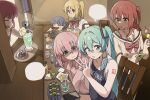  6+girls aqua_eyes aqua_hair arm_tattoo bare_shoulders blank_speech_bubble blonde_hair blue_eyes blue_hair blue_skirt bocchi_the_rock! bow bowtie can cellphone chair closed_eyes collared_shirt commentary crossed_bangs crossover crumbs cube_hair_ornament dango drink_can eating food food_on_face gotoh_hitori green_eyes hair_between_eyes hair_ornament hatsune_miku highres hiroi_kikuri holding holding_can holding_phone holding_spoon ijichi_nijika jacket kita_ikuyo long_hair multiple_girls omelet omurice on_chair one_side_up open_mouth phone pink_bow pink_bowtie pink_hair pink_jacket purple_hair red_eyes red_hair school_uniform shaded_face shirt short_hair short_sleeves side_ponytail sitting skirt small_sweatdrop smartphone speech_bubble spoon tattoo track_jacket twintails untranslatable_commentary vocaloid wagashi white_shirt yamada_ryo yeelyn123 