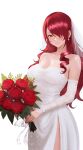  1girl alternate_costume armpit_crease bare_shoulders blush bouquet breasts bridal_veil bride cleavage closed_mouth collarbone commentary cowboy_shot detached_sleeves dress earrings english_commentary flower hair_over_one_eye highres holding holding_bouquet jewelry kirijou_mitsuru lace_trim large_breasts long_hair looking_at_viewer mikan_zakuro one_eye_covered persona persona_3 red_eyes red_flower red_hair red_rose ring rose side_slit simple_background smile solo strapless strapless_dress veil wedding_dress wedding_ring white_background white_dress 