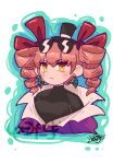  1girl black_sweater bow brown_eyes commentary_request drill_hair earrings eyewear_on_head hair_bow hat highres jacket jewelry leaf_st looking_at_viewer mini_hat mini_top_hat purple_jacket red_bow signature solo sunglasses sweater top_hat touhou turtleneck turtleneck_sweater twin_drills upper_body yorigami_jo'on 