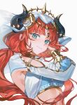  1girl absurdres aqua_eyes armpit_crease blunt_bangs breasts circlet fake_horns genshin_impact gold_trim harem_outfit highres horns jewelry long_hair long_sleeves looking_at_viewer mareru medium_breasts neck_ring nilou_(genshin_impact) puffy_long_sleeves puffy_sleeves red_eyes red_hair simple_background smile solo twintails upper_body veil white_veil 