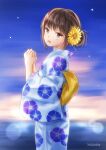  1girl :o artist_name blush brown_eyes brown_hair floral_print flower hair_flower hair_ornament hands_together hands_up japanese_clothes kimono night night_sky original outdoors sky yukata yuluvine 