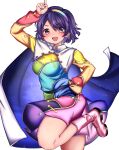  1girl absurdres agedashi boots breasts cape commentary_request dress hairband highres leg_up long_sleeves looking_at_viewer medium_breasts multicolored_dress multicolored_hairband open_mouth patchwork_clothes pink_boots pointing pointing_up pouch purple_eyes purple_hair purple_nails rainbow_gradient rainbow_hairband short_hair simple_background sky_print smile solo tenkyuu_chimata thighs touhou two-sided_cape two-sided_fabric white_background white_cape 