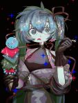 1girl @_@ alternate_costume black_background black_gloves commentary_request dated dress food gloves grey_dress hatsune_miku highres holding holding_food holding_ice_cream holding_spoon ice_cream ice_cream_cone long_hair off-shoulder_dress off_shoulder parted_lips solo sparkle spoon twintails upper_body vocaloid watermark yamaaakari000 