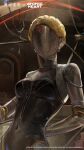  1girl absurdres arm_behind_back atomic_heart black_leotard blonde_hair braid breasts cable copyright_name copyright_notice crown_braid dark_background faceless faceless_female facing_viewer highres humanoid_robot indoors left_(atomic_heart) leotard logo medium_breasts metal_skin official_art official_wallpaper red_star reverse:1999 robot robot_girl solo star_(symbol) upper_body 