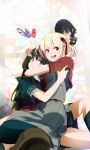  2girls arms_around_neck birthday black_hair blonde_hair blue_dress character_doll closed_mouth commentary_request doll dress heart highres hug inoue_takina long_hair lycoris_recoil lycoris_uniform multiple_girls nishikigi_chisato open_mouth purple_eyes red_dress red_eyes sengoku_chidori short_hair smile yuri 