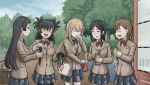  5girls :d absurdres bag black_eyes black_gloves black_hair blazer blonde_hair blush bow bowtie breasts brown_hair brown_jacket can closed_mouth collared_shirt cowboy_shot day drink_can english_commentary folded_fan folding_fan gaouin_tsukasa gloves grafhou grey_skirt hair_ornament hairclip hand_fan handbag highres holding holding_can holding_fan in-franchise_crossover jacket kessai_kiyoshi kongou_mitsuko laughing long_hair long_sleeves looking_at_another medium_breasts medium_hair miniskirt misaka_mikoto multiple_girls outdoors park plaid_clothes plaid_skirt pleated_skirt red_bow red_bowtie school_emblem school_uniform shirt shokuhou_misaki single_glove skirt smile standing star_(symbol) star_print thighhighs toaru_kagaku_no_mental_out toaru_kagaku_no_railgun toaru_majutsu_no_index tokiwadai_school_uniform tree two_side_up white_gloves white_shirt white_thighhighs winter_uniform zettai_ryouiki 