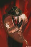 1boy absurdres black_gloves black_hat black_scarf brown_coat chinese_commentary closed_mouth coat collared_shirt commentary_request covered_eyes diagonal-striped_clothes diagonal-striped_necktie dress_shirt fedora gloves hat highres jewelry lapels long_sleeves love_and_deepspace male_focus necktie notched_lapels official_alternate_costume red_necktie ring scarf scarlet09linjiu shirt signature solo striped_clothes striped_necktie sylus_(finale_undone)_(love_and_deepspace) sylus_(love_and_deepspace) watermark weibo_watermark white_shirt wing_collar 