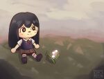  1girl animal_crossing black_hair commentary english_commentary flower highres lily_of_the_valley loafers mari_(omori) omori otomerson shoes sitting smile 