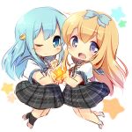  2girls :d ;) absurdres black_skirt black_socks blonde_hair blue_bow blue_eyes blue_hair blue_sailor_collar blush bow character_request chibi chibi_only closed_mouth commentary_request double-parted_bangs ensemble_girls! full_body hair_between_eyes hair_bow highres holding_hands kneehighs long_hair looking_at_viewer matatabi_(nigatsu) multiple_girls one_eye_closed open_mouth pink_shoes plaid_clothes plaid_skirt pleated_skirt purple_eyes sailor_collar school_uniform serafuku shirt shoes short_sleeves simple_background skirt smile socks star_(symbol) white_background white_shirt white_socks 