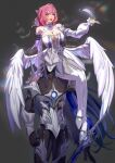  1girl absurdres ambiguous_gender bare_shoulders breasts carrying commentary detached_sleeves dress falling_feathers feathers grey_background grey_hair grey_shoes hair_between_eyes hair_ornament hairclip highres large_breasts long_hair medium_hair open_mouth pink_hair pointy_ears purple_eyes pyrois_(zenless_zone_zero) rainatsu remielle_dan shoes sitting_on_shoulder thighhighs untranslatable_commentary white_dress white_thighhighs zenless_zone_zero 