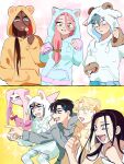  3boys 4girls alien alien_stage animal_ear_hood animal_ears bear_ears black_eyes black_hair blonde_hair candy cat_ears commentary_request dark-skinned_female dark_skin fake_horns fang food grey_eyes grey_hair hair_ornament hair_over_shoulder hair_scrunchie hairclip hia_(alien_stage) highres holding holding_candy holding_food holding_lollipop hood hoodie horns hyuna_(alien_stage) ivan_(alien_stage) lollipop long_hair low-tied_long_hair luka_(alien_stage) mekajiki_meki meme mizi_(alien_stage) multiple_boys multiple_girls pajamas paw_pose rabbit_ears scrunchie sheep_ears sheep_horns shine_(alien_stage) thick_eyebrows till_(alien_stage) tongue tongue_out white_hoodie yellow_eyes yellow_hoodie 