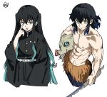  2boys :p abs akanbe aqua_eyes artist_logo belt black_hair black_jacket black_pants boar_mask collarbone commentary_request cropped_legs demon_slayer_uniform eyelid_pull gradient_hair green_eyes hashibira_inosuke jacket kimetsu_no_yaiba logo looking_at_viewer male_focus mery_(yangmalgage) multicolored_hair multiple_boys no_mask obliques pants pectorals simple_background tokitou_muichirou toned toned_male tongue tongue_out topless_male two_side_up white_background white_belt 