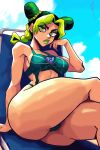  1girl ass blue_sky braid braided_base breasts bun_with_braided_base cone_hair_bun double_bun green_eyes green_lips hair_bun highres huge_ass jojo_no_kimyou_na_bouken kujo_jolyne lipstick makeup mariry01 multicolored_hair outdoors revealing_clothes sky solo stone_ocean thick_thighs thighs two-tone_hair 